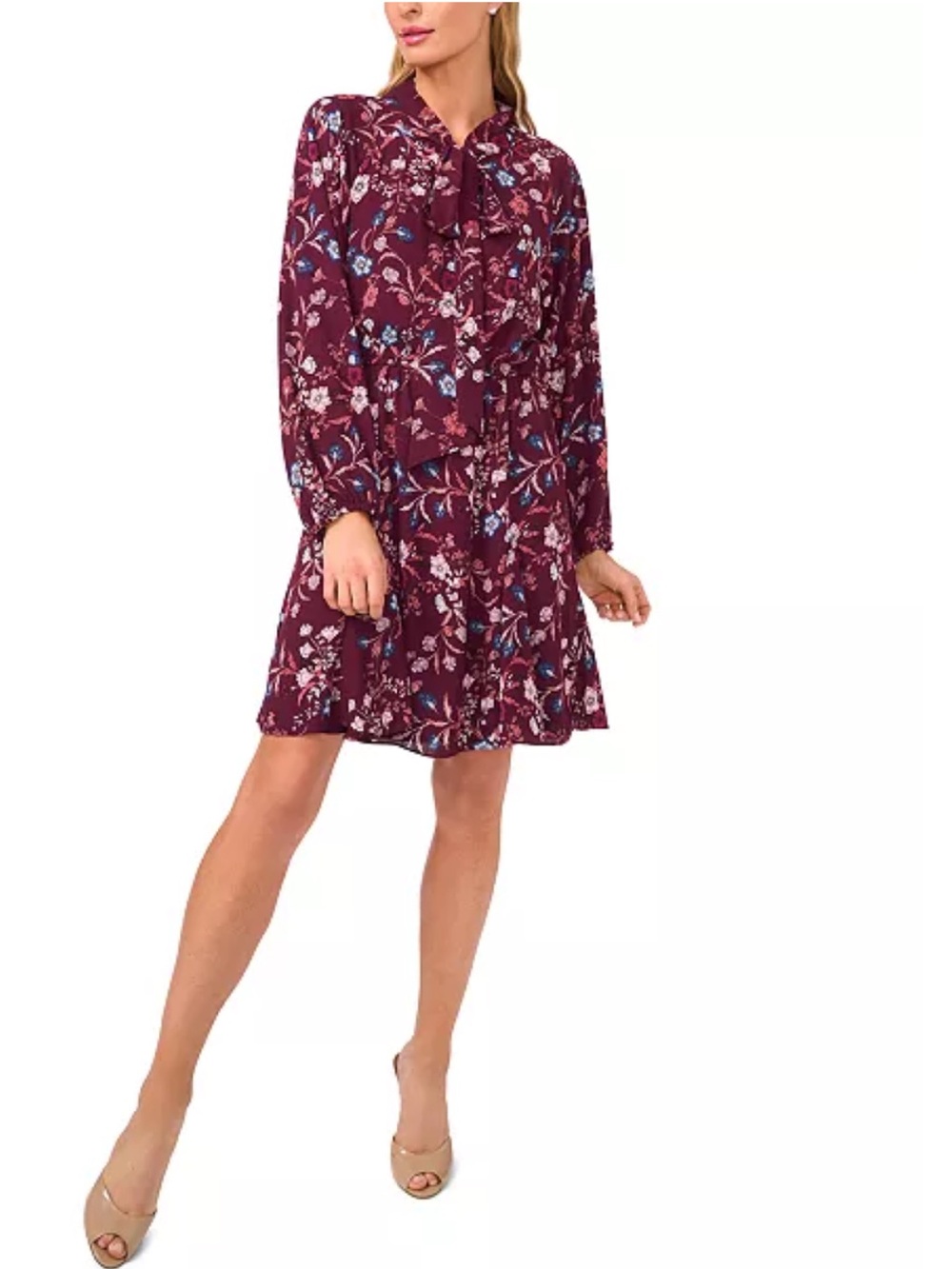 CeCe Burgundy Floral Long-Sleeve Tie-Neck Dress